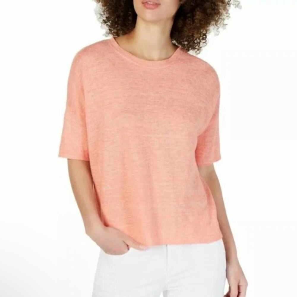 Eileen Fisher Top Womens Large Petite Pink Orange Linen Melange Knit Coastal